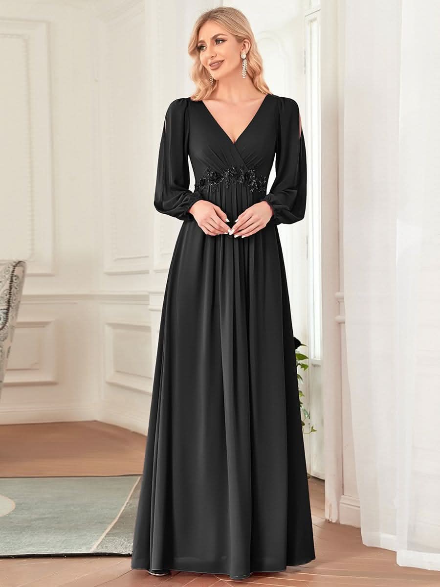 Elegantes tiefes V-Laterne langes SchlitzÄrmel-Applikations-Maxi-Abendkleid #Farbe_Schwarz