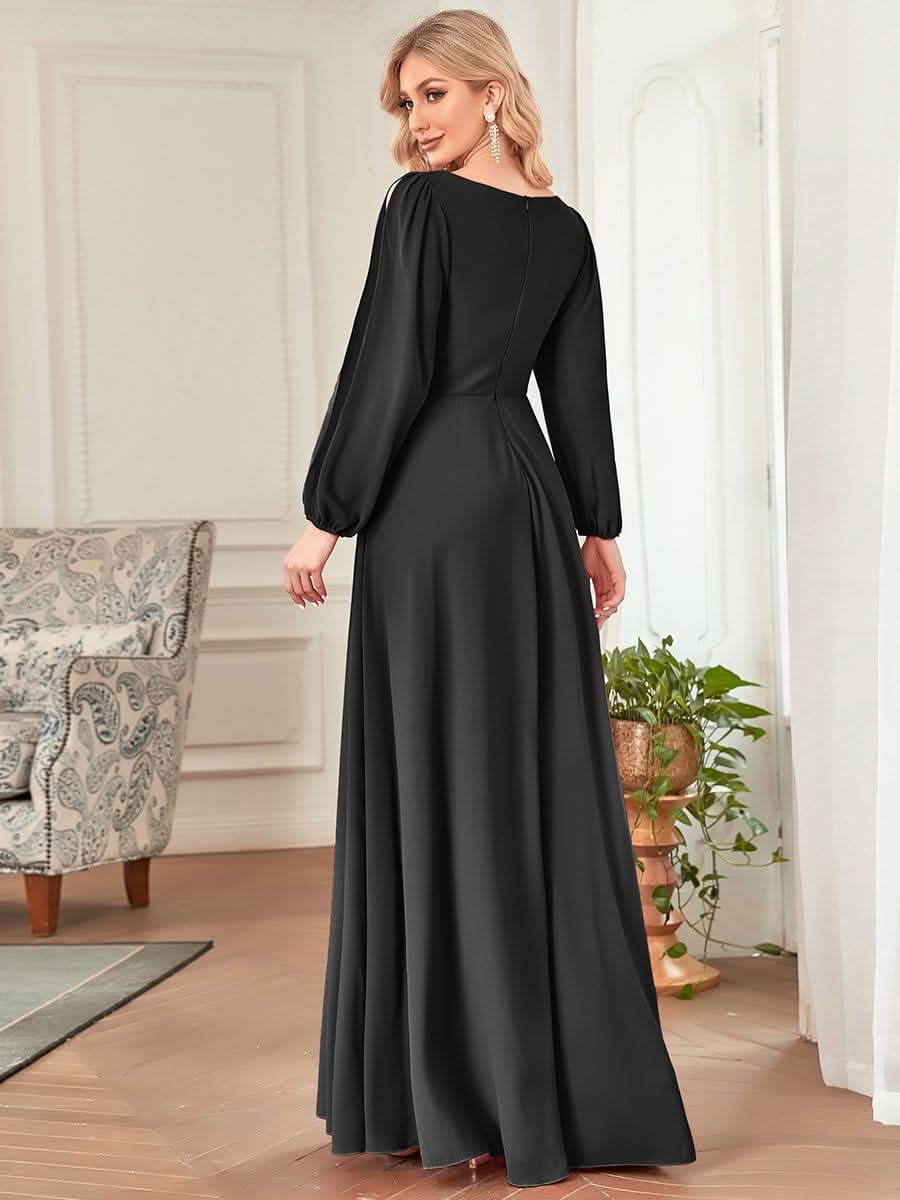 Elegantes tiefes V-Laterne langes SchlitzÄrmel-Applikations-Maxi-Abendkleid #Farbe_Schwarz