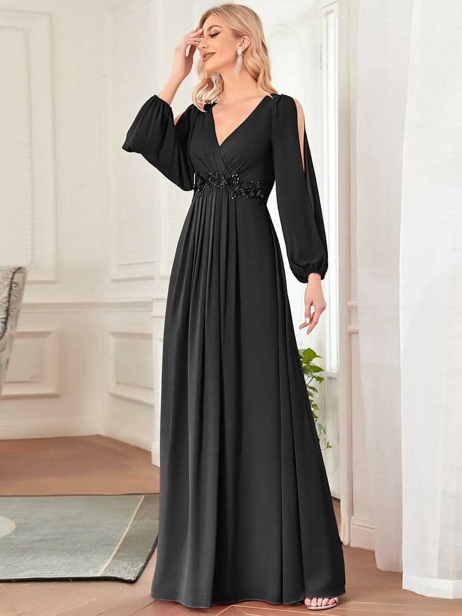 Elegantes tiefes V-Laterne langes SchlitzÄrmel-Applikations-Maxi-Abendkleid #Farbe_Schwarz