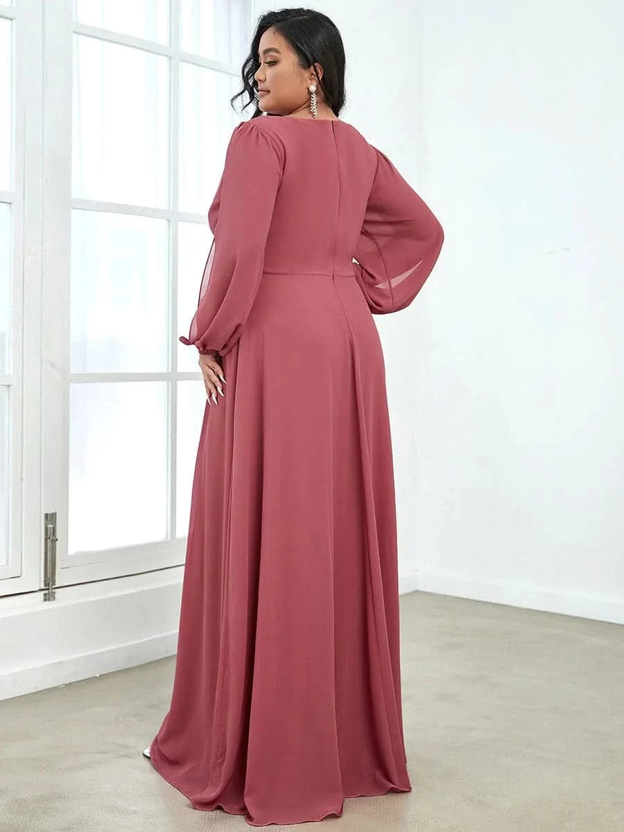 Größe Nach Maß Elegantes tiefes V-Laterne langes Schlitzärmel-Applikations-Maxi-Abendkleid 00461