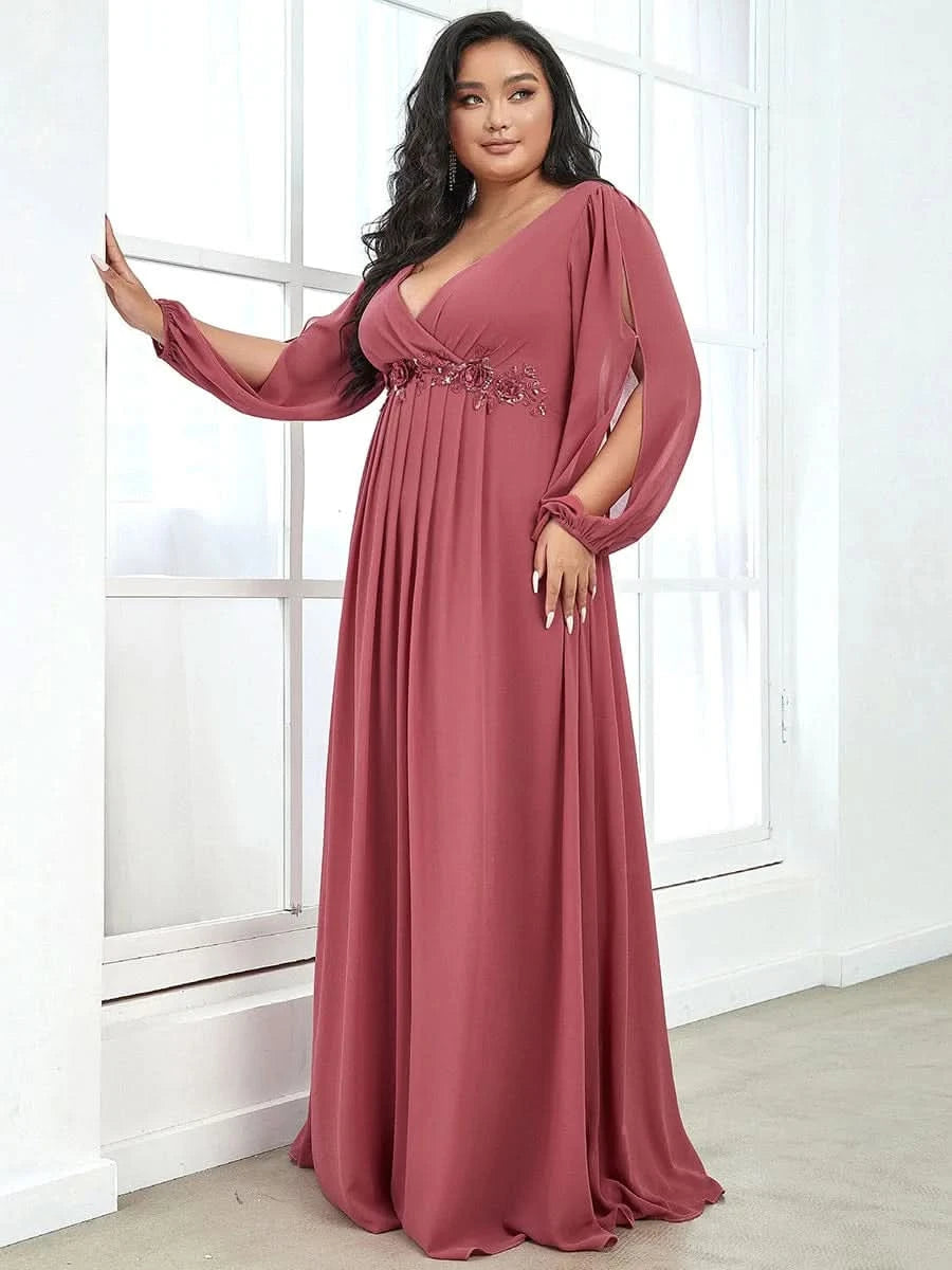 Größe Nach Maß Elegantes tiefes V-Laterne langes Schlitzärmel-Applikations-Maxi-Abendkleid 00461