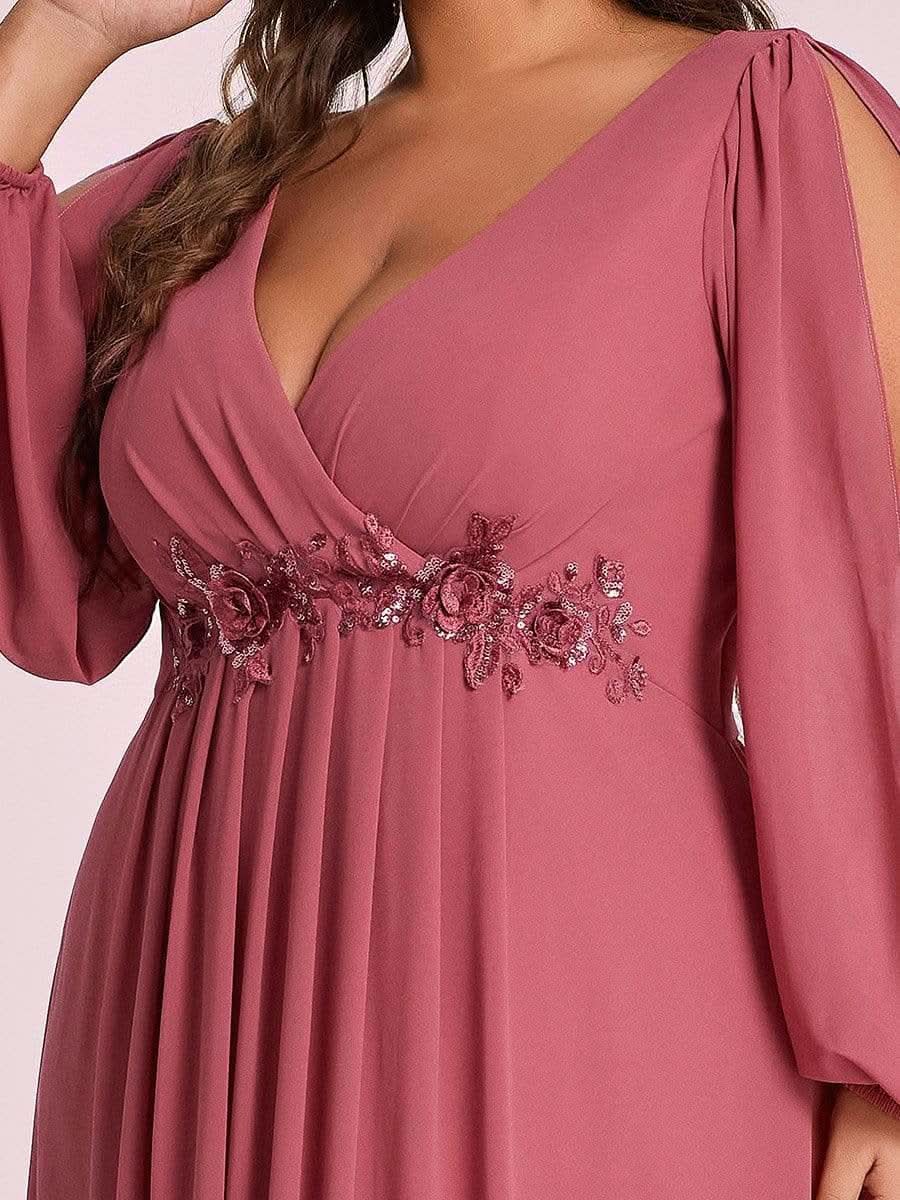 Größe Nach Maß Elegantes tiefes V-Laterne langes Schlitzärmel-Applikations-Maxi-Abendkleid 00461