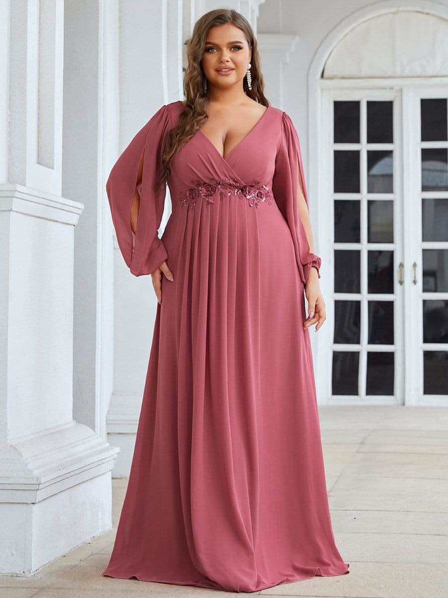 Größe Nach Maß Elegantes tiefes V-Laterne langes Schlitzärmel-Applikations-Maxi-Abendkleid 00461