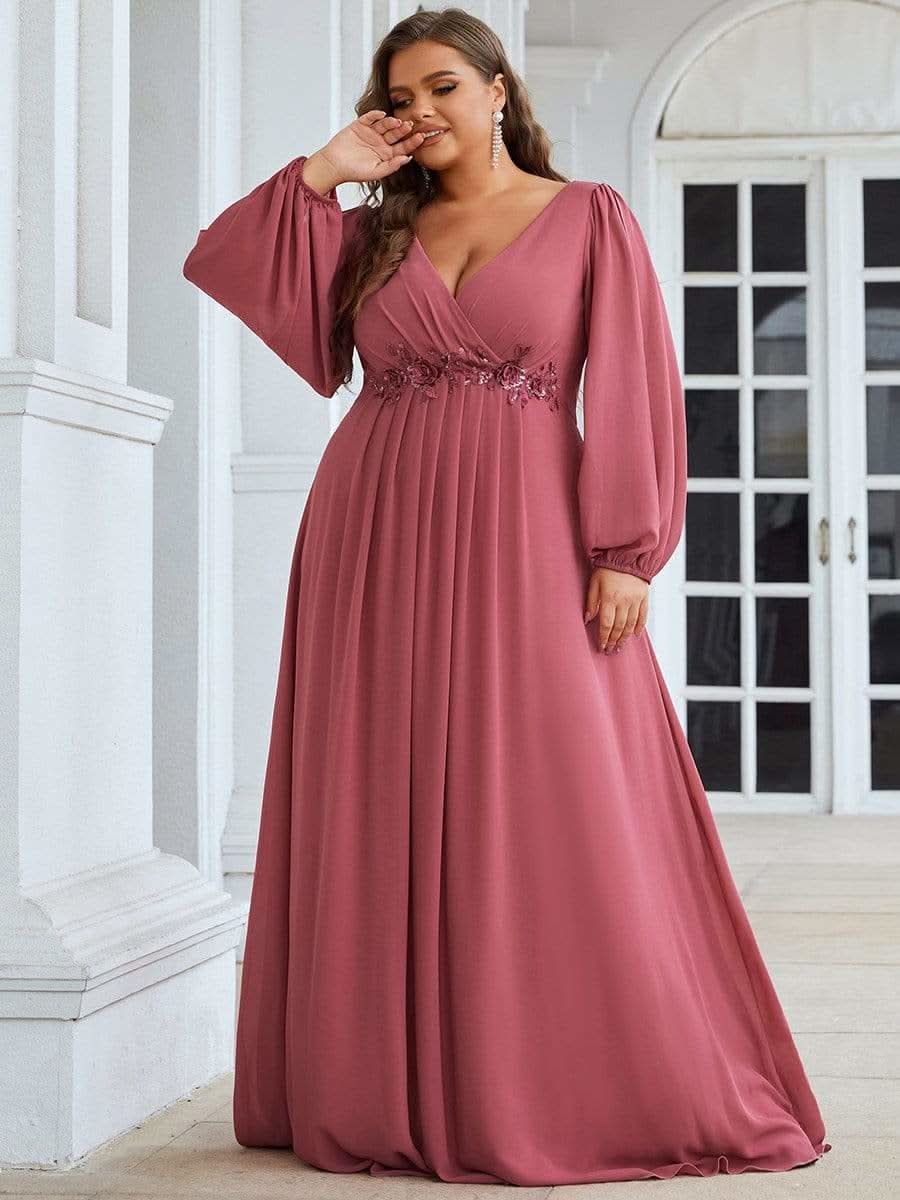 Größe Nach Maß Elegantes tiefes V-Laterne langes Schlitzärmel-Applikations-Maxi-Abendkleid 00461