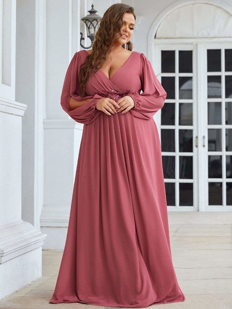 Größe Nach Maß Elegantes tiefes V-Laterne langes Schlitzärmel-Applikations-Maxi-Abendkleid 00461