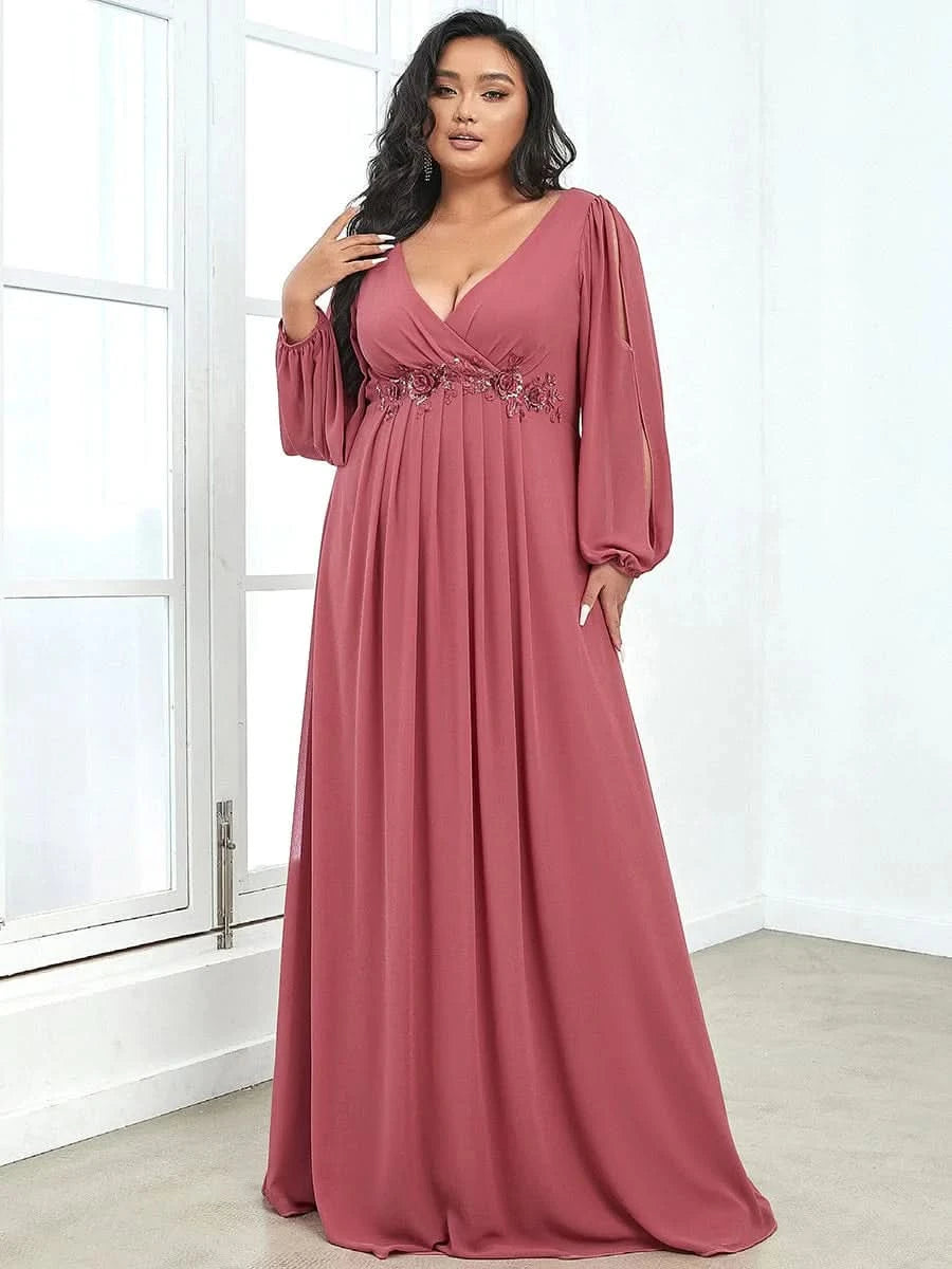 Größe Nach Maß Elegantes tiefes V-Laterne langes Schlitzärmel-Applikations-Maxi-Abendkleid 00461