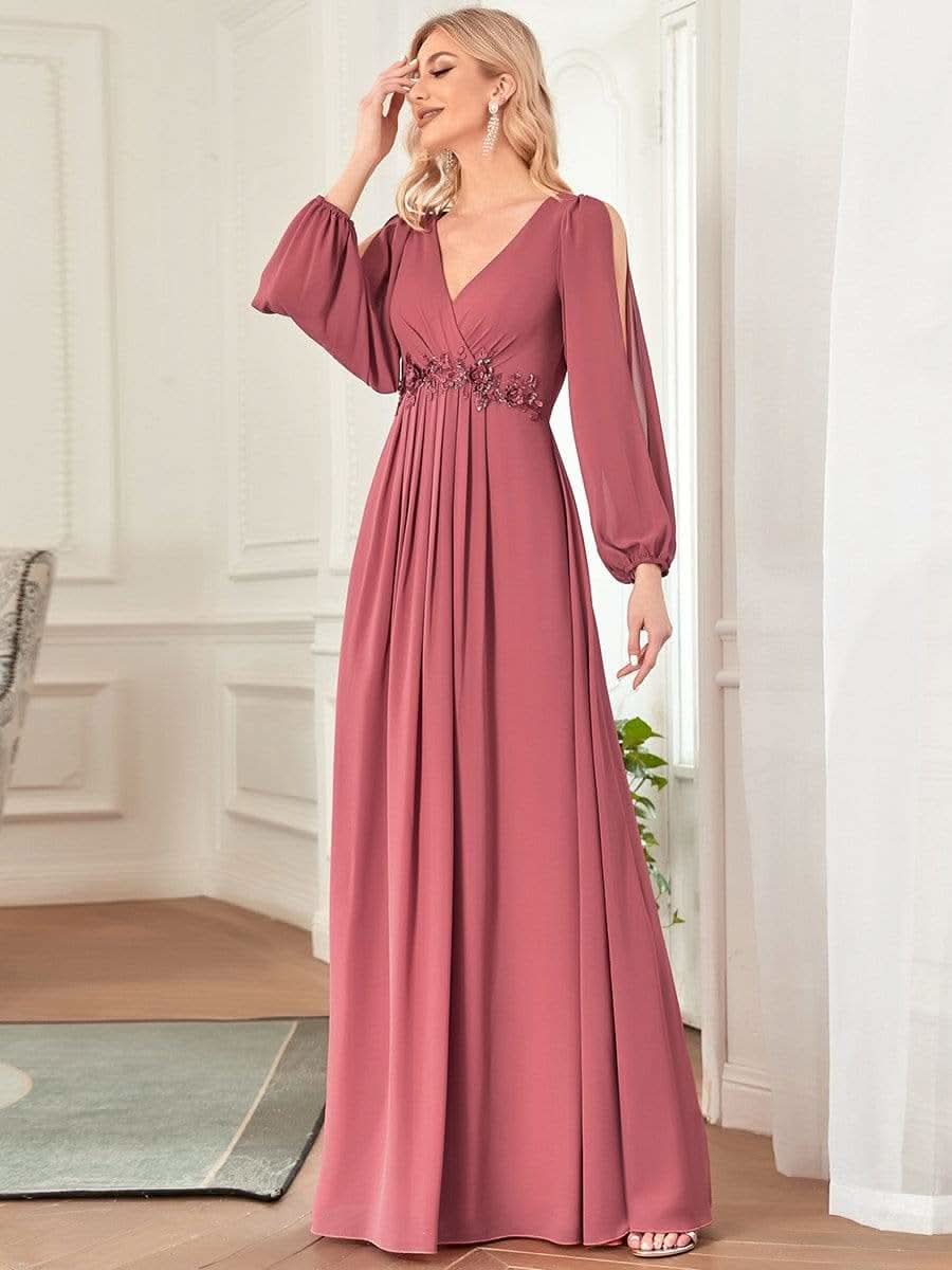 Elegantes tiefes V-Laterne langes SchlitzÄrmel-Applikations-Maxi-Abendkleid #Farbe_Bohnenpaste Farbe