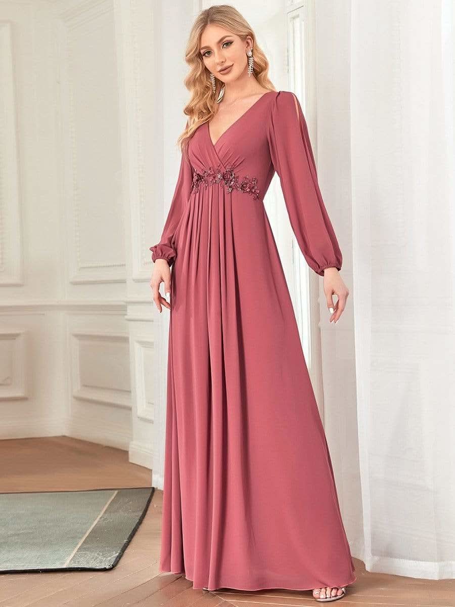 Elegantes tiefes V-Laterne langes SchlitzÄrmel-Applikations-Maxi-Abendkleid #Farbe_Bohnenpaste Farbe