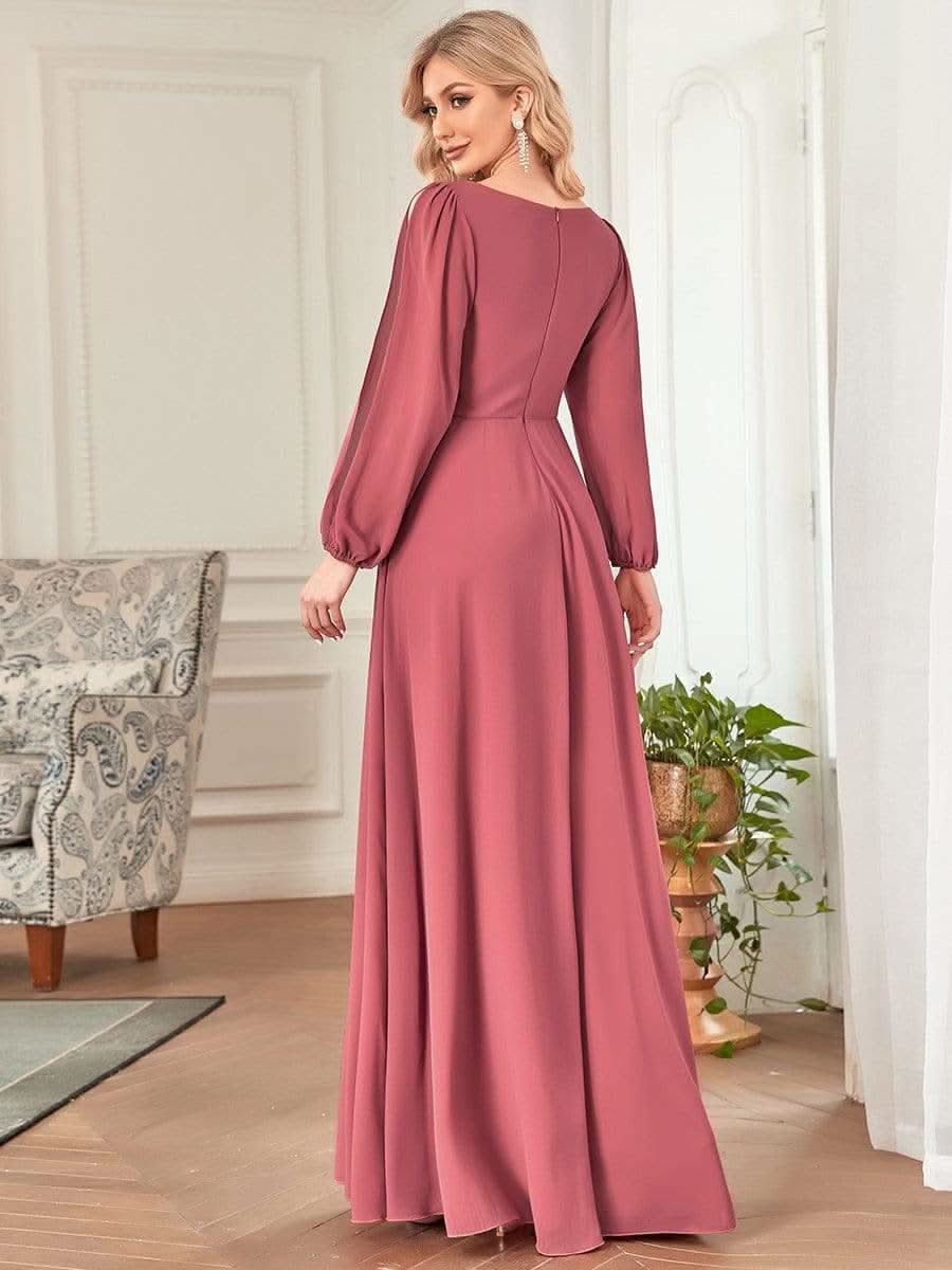 Elegantes tiefes V-Laterne langes SchlitzÄrmel-Applikations-Maxi-Abendkleid #Farbe_Bohnenpaste Farbe