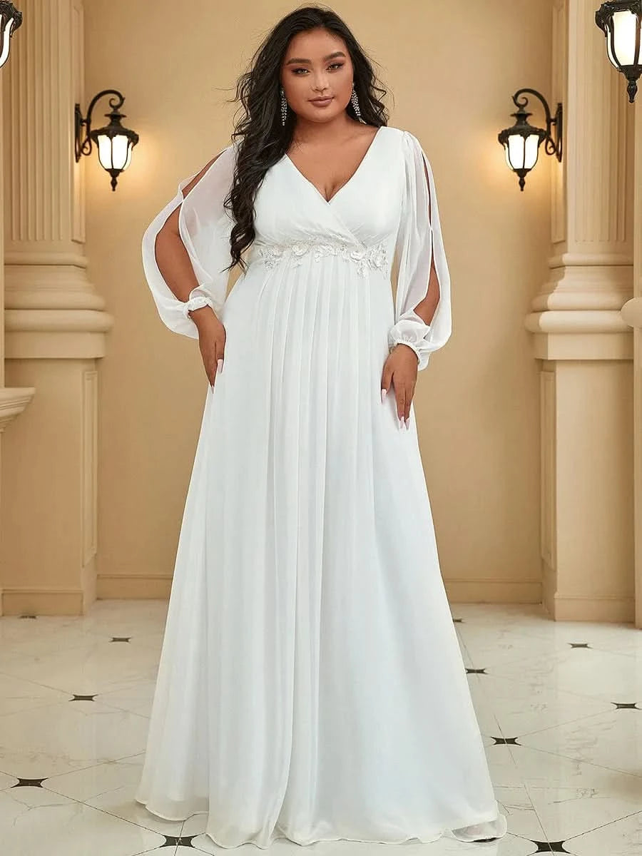Größe Nach Maß Elegantes tiefes V-Laterne langes Schlitzärmel-Applikations-Maxi-Abendkleid 00461