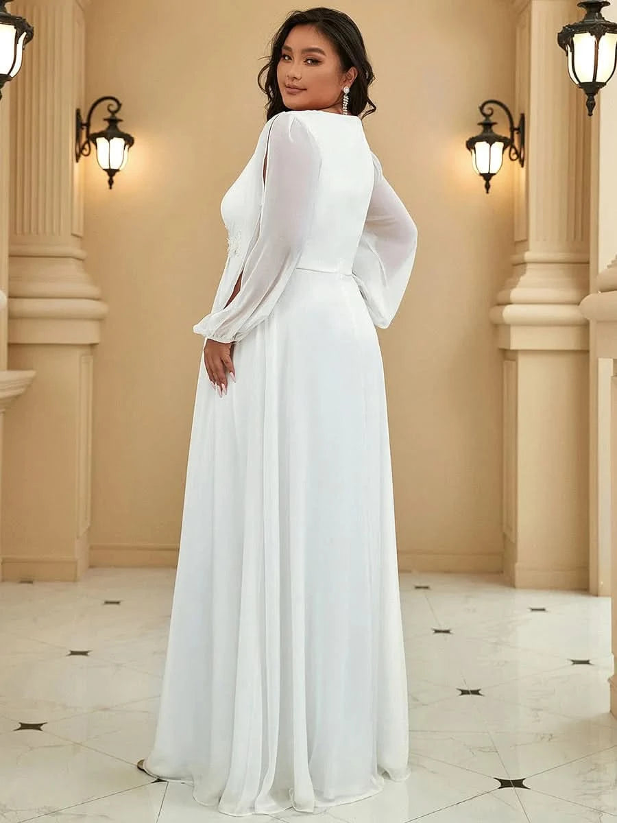 Größe Nach Maß Elegantes tiefes V-Laterne langes Schlitzärmel-Applikations-Maxi-Abendkleid 00461