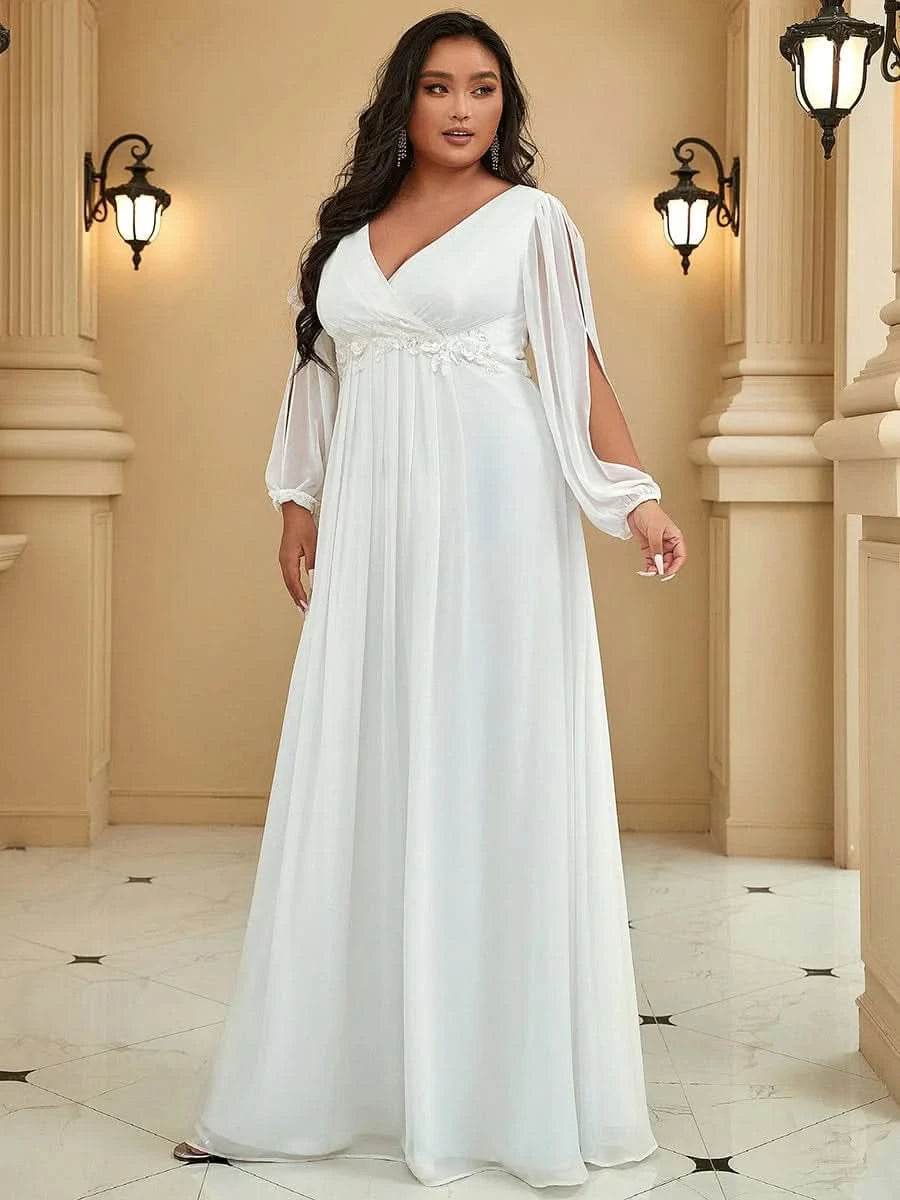 Größe Nach Maß Elegantes tiefes V-Laterne langes Schlitzärmel-Applikations-Maxi-Abendkleid 00461
