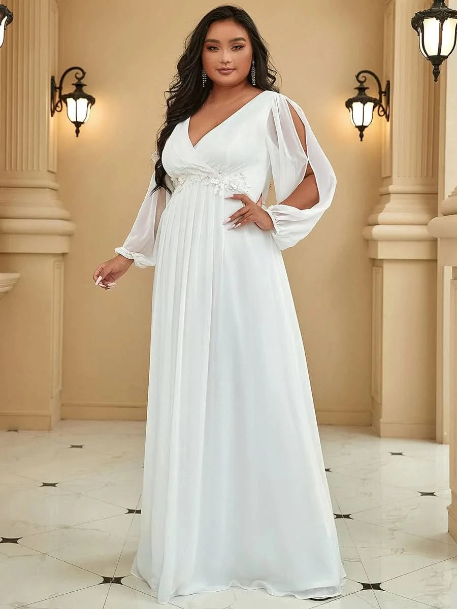 Größe Nach Maß Elegantes tiefes V-Laterne langes Schlitzärmel-Applikations-Maxi-Abendkleid 00461