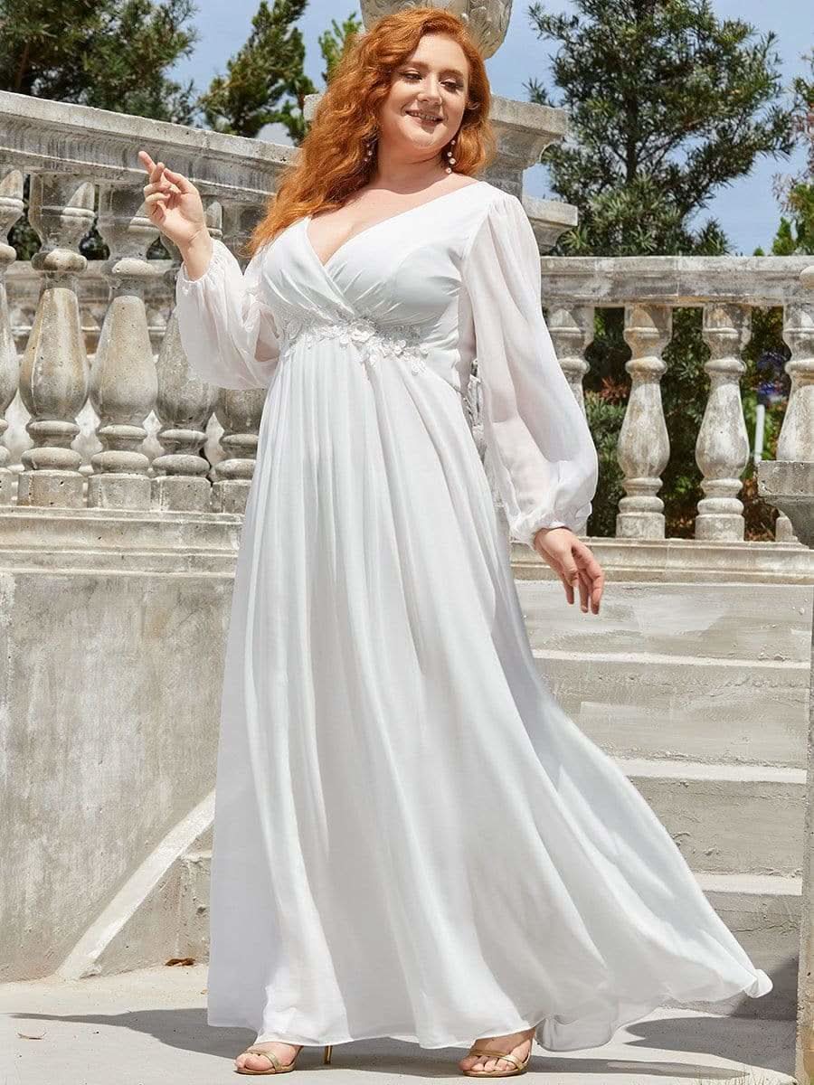 Größe Nach Maß Elegantes tiefes V-Laterne langes Schlitzärmel-Applikations-Maxi-Abendkleid 00461