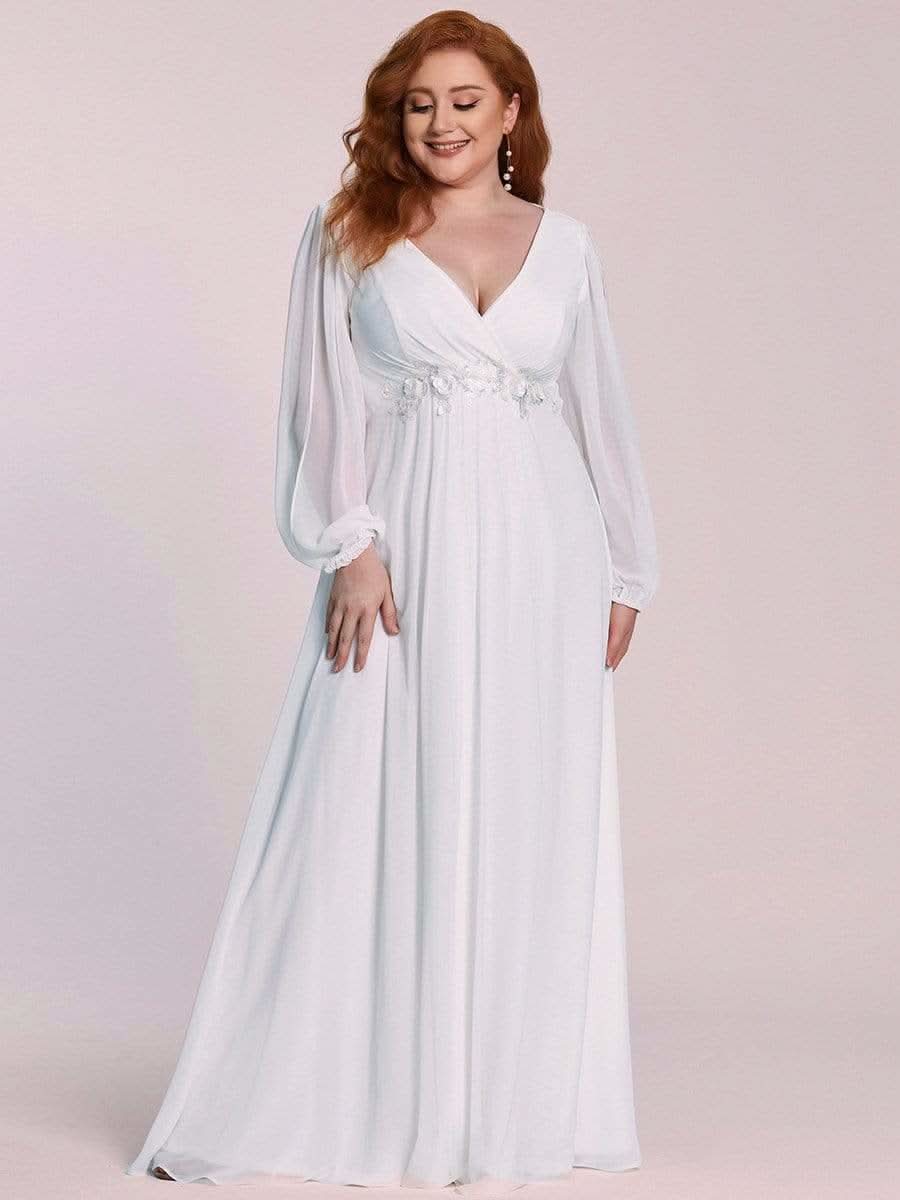Größe Nach Maß Elegantes tiefes V-Laterne langes Schlitzärmel-Applikations-Maxi-Abendkleid 00461
