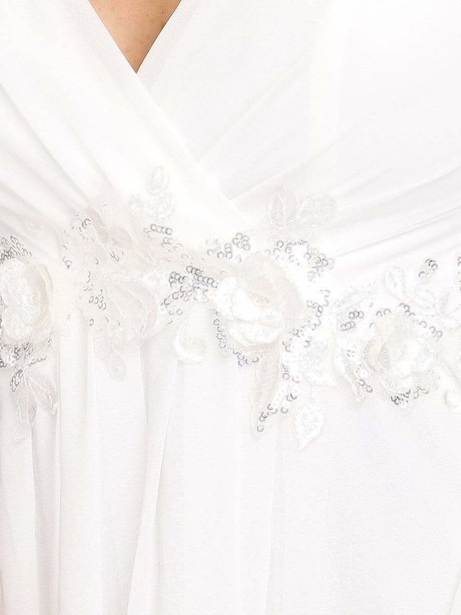 Elegantes tiefes V-Laterne langes SchlitzÄrmel-Applikations-Maxi-Abendkleid #Farbe_Cream