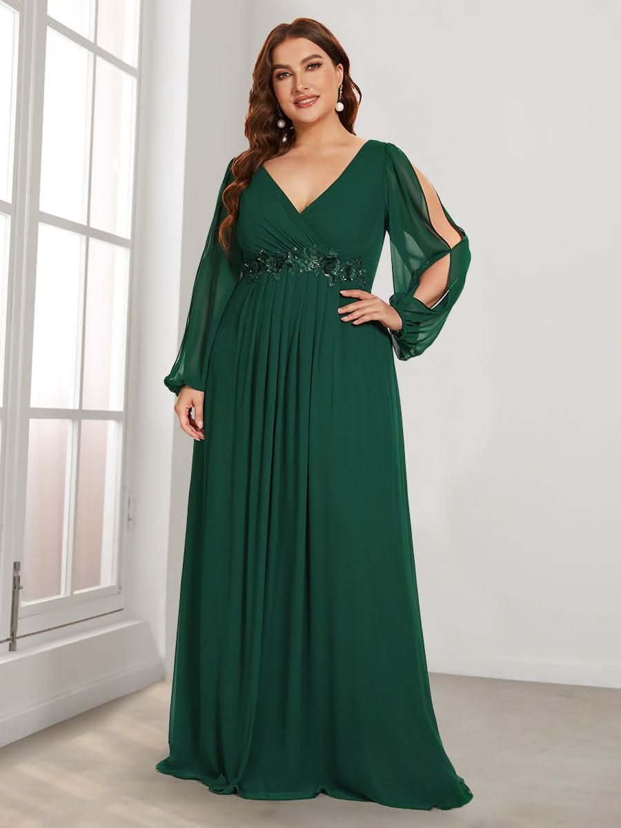 Elegantes tiefes V-Laterne langes SchlitzÄrmel-Applikations-Maxi-Abendkleid #Farbe_Dunkel Gruen