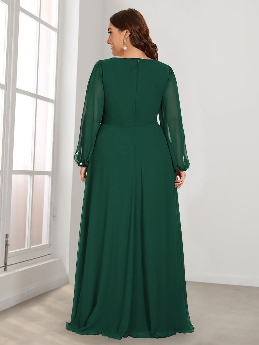 Elegantes tiefes V-Laterne langes SchlitzÄrmel-Applikations-Maxi-Abendkleid #Farbe_Dunkel Gruen