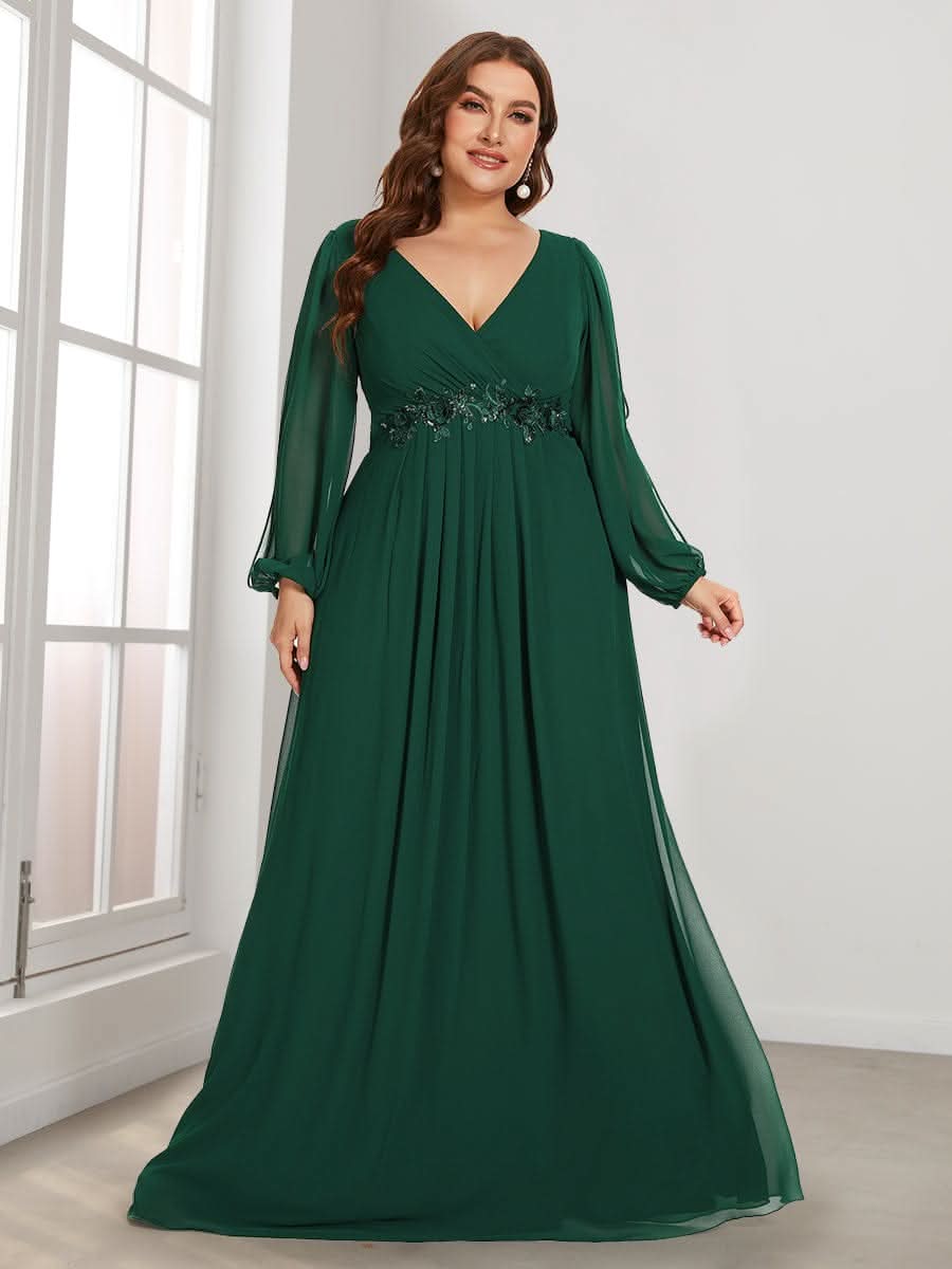 Elegantes tiefes V-Laterne langes SchlitzÄrmel-Applikations-Maxi-Abendkleid #Farbe_Dunkel Gruen