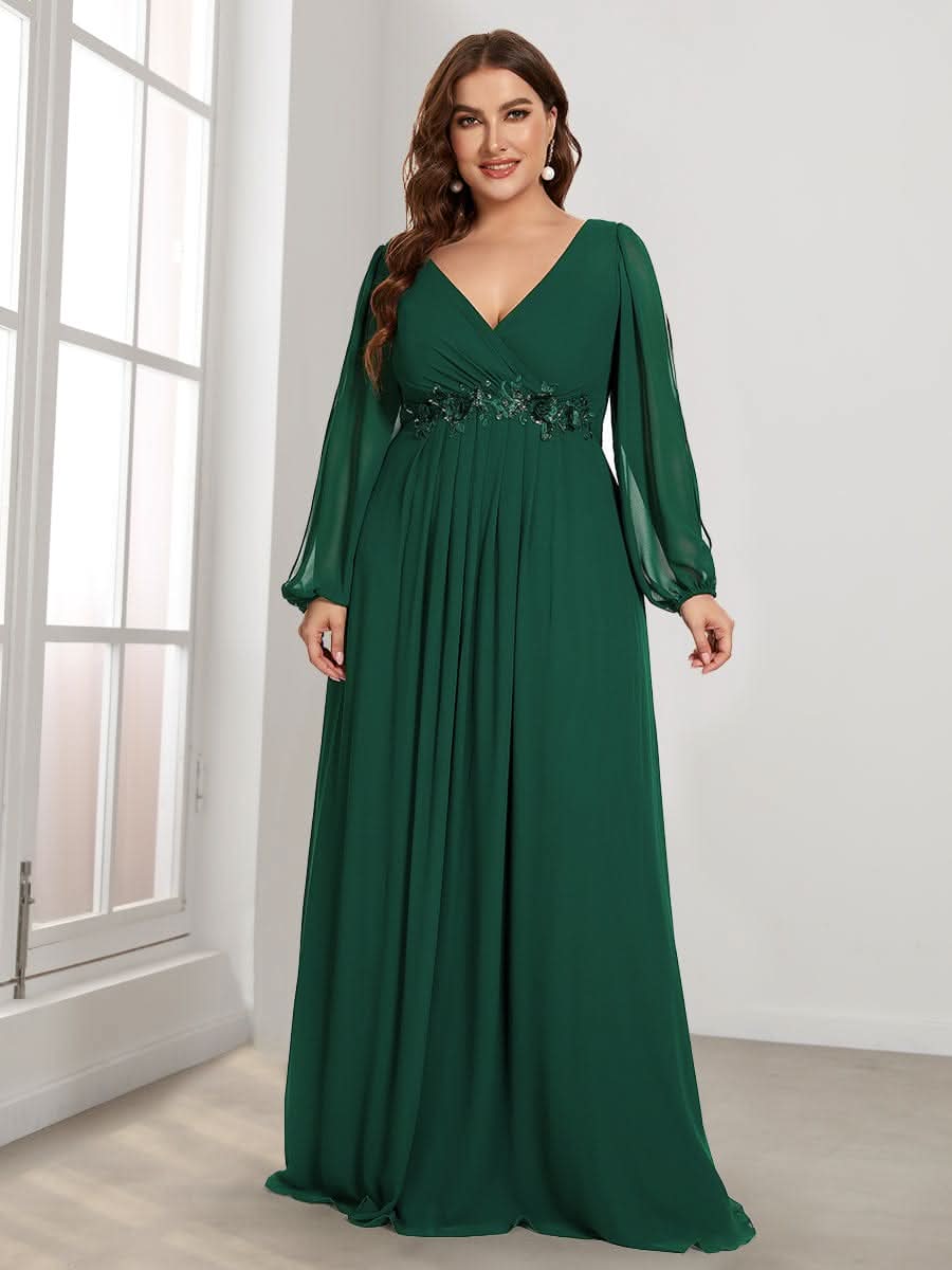 Elegantes tiefes V-Laterne langes SchlitzÄrmel-Applikations-Maxi-Abendkleid #Farbe_Dunkel Gruen