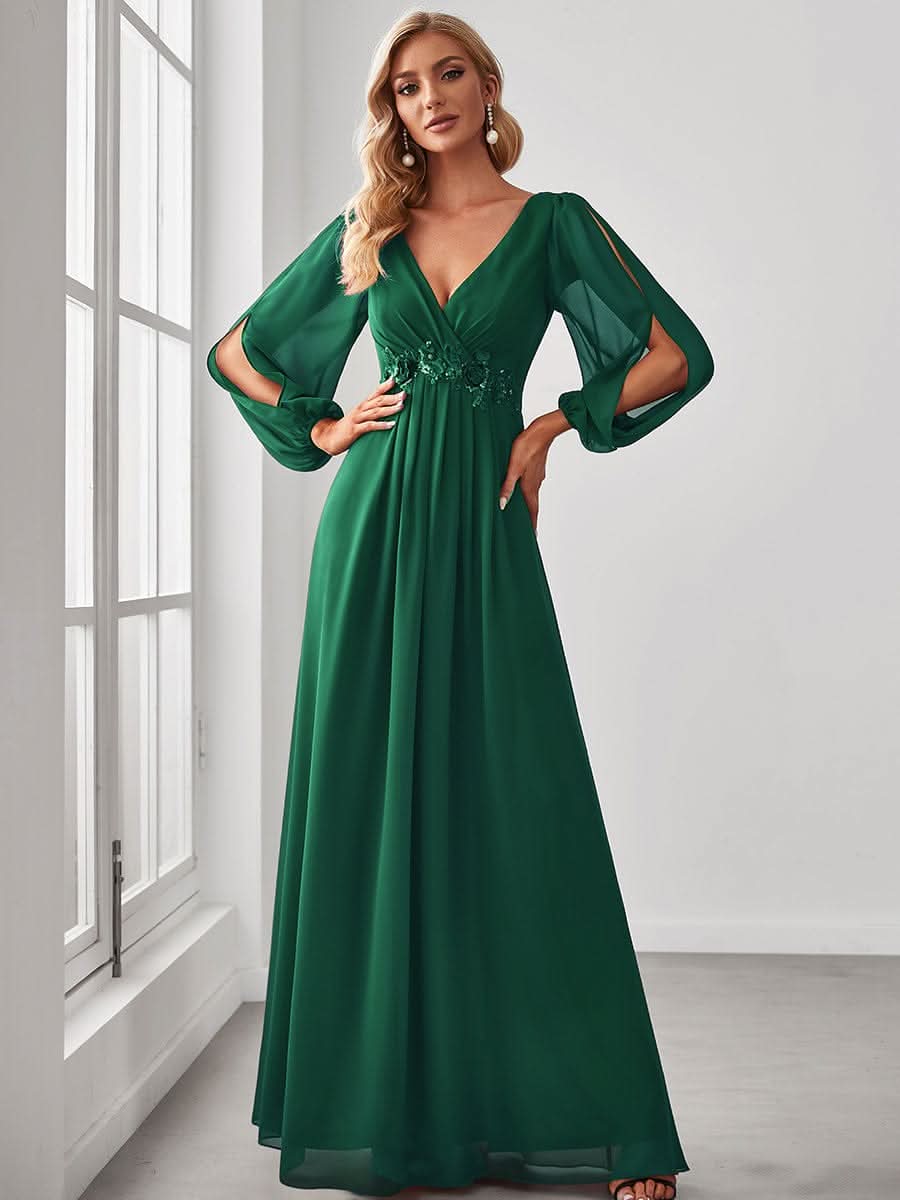 Elegantes tiefes V-Laterne langes SchlitzÄrmel-Applikations-Maxi-Abendkleid #Farbe_Dunkel Gruen