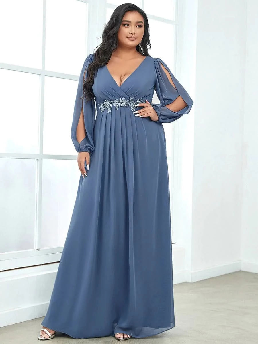Größe Nach Maß Elegantes tiefes V-Laterne langes Schlitzärmel-Applikations-Maxi-Abendkleid 00461