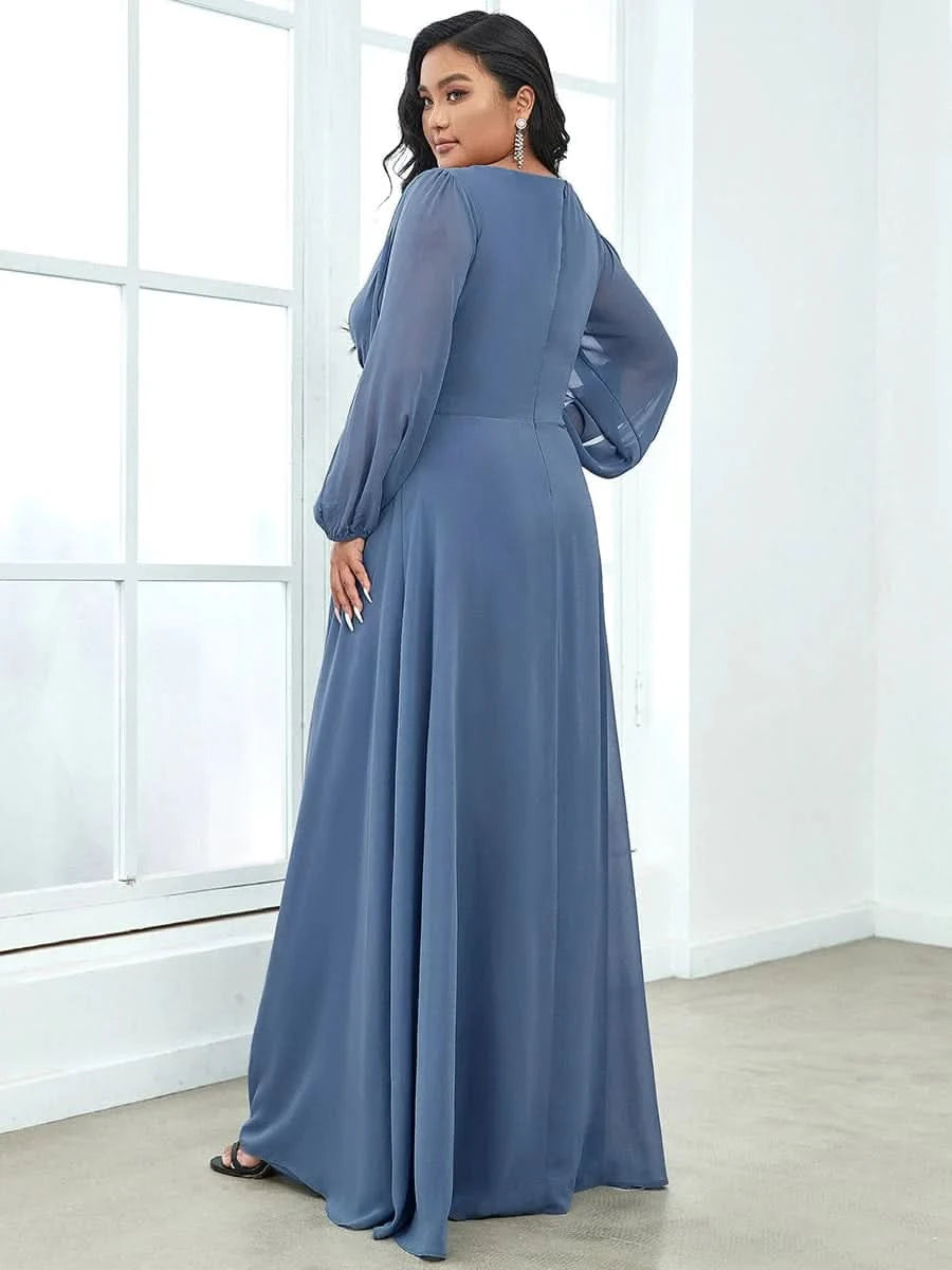 Größe Nach Maß Elegantes tiefes V-Laterne langes Schlitzärmel-Applikations-Maxi-Abendkleid 00461