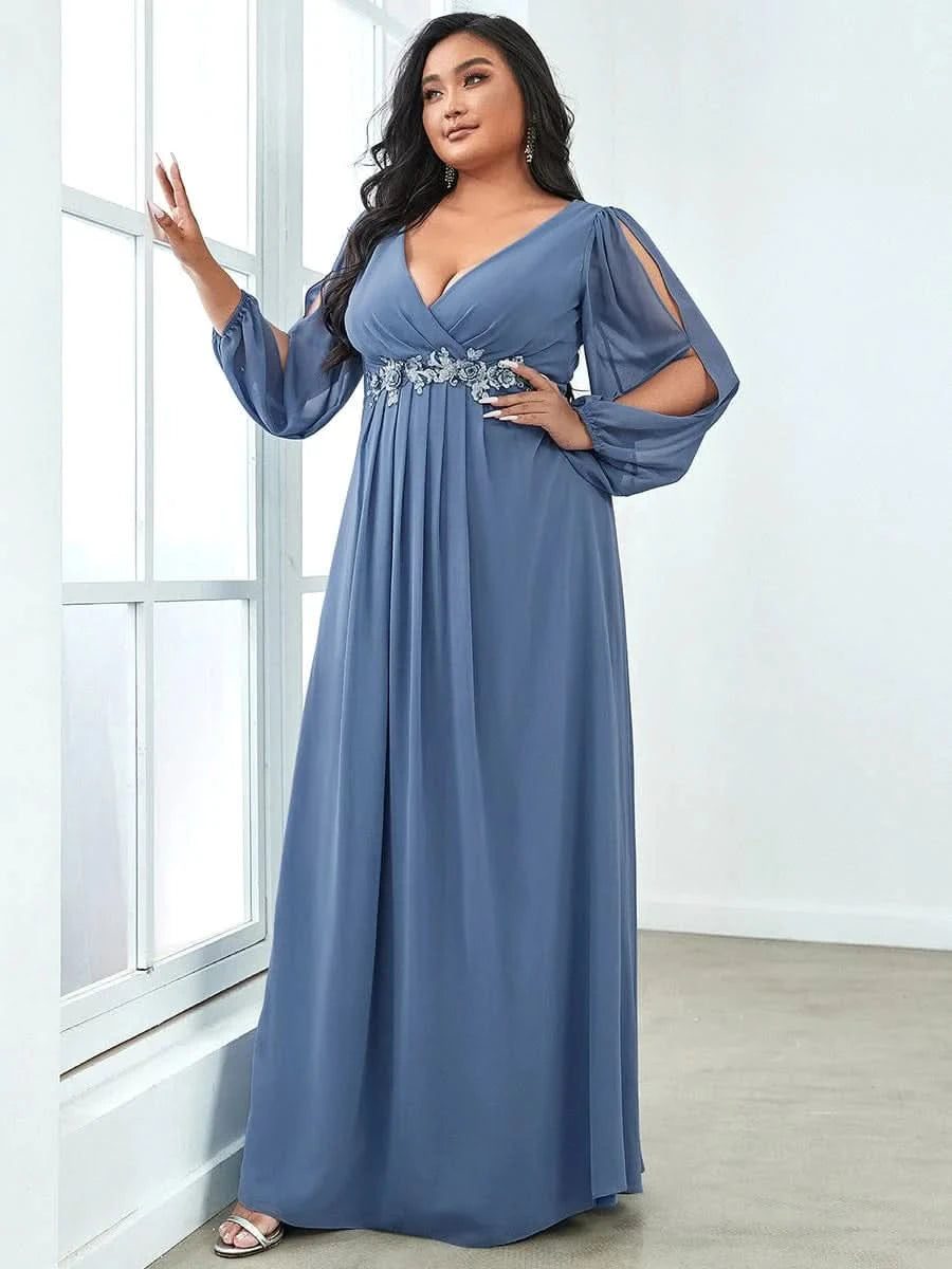 Größe Nach Maß Elegantes tiefes V-Laterne langes Schlitzärmel-Applikations-Maxi-Abendkleid 00461