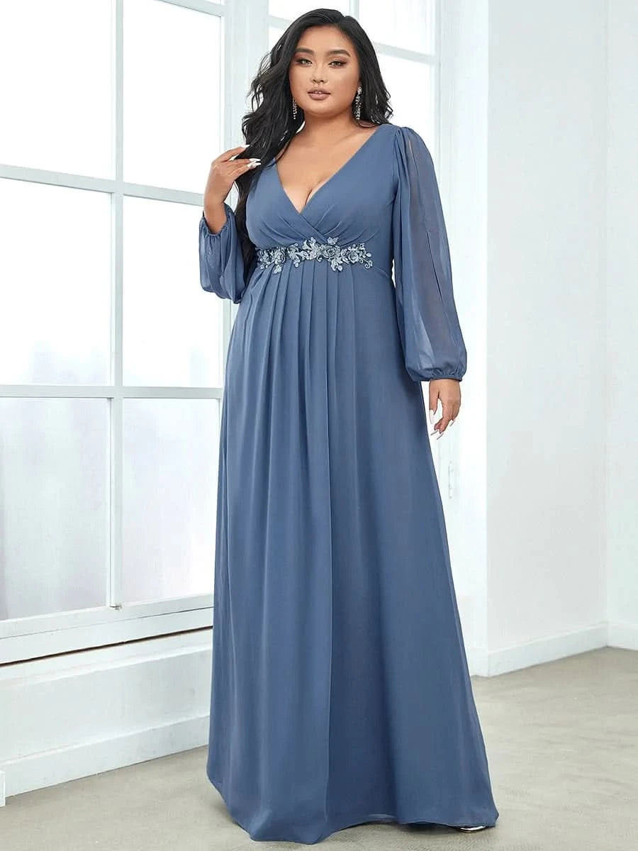 Größe Nach Maß Elegantes tiefes V-Laterne langes Schlitzärmel-Applikations-Maxi-Abendkleid 00461