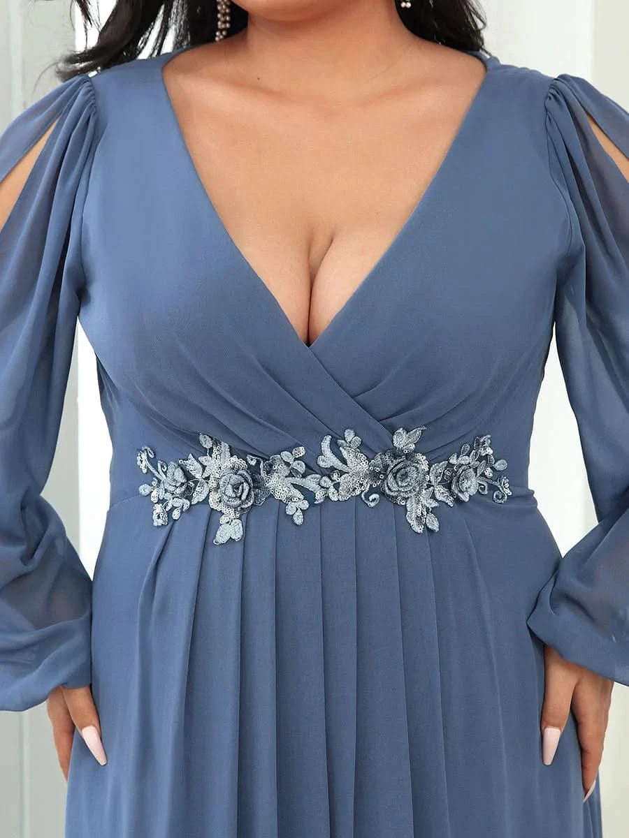 Größe Nach Maß Elegantes tiefes V-Laterne langes Schlitzärmel-Applikations-Maxi-Abendkleid 00461