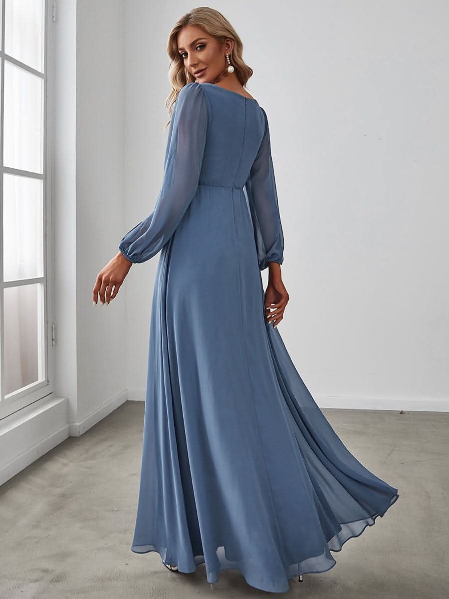 Elegantes tiefes V-Laterne langes SchlitzÄrmel-Applikations-Maxi-Abendkleid #Farbe_Dusty Navy