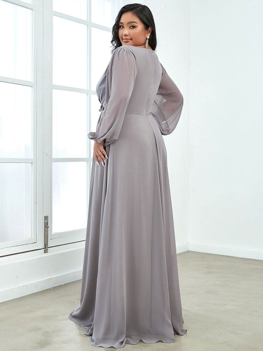 Elegantes tiefes V-Laterne langes SchlitzÄrmel-Applikations-Maxi-Abendkleid #Farbe_Grau