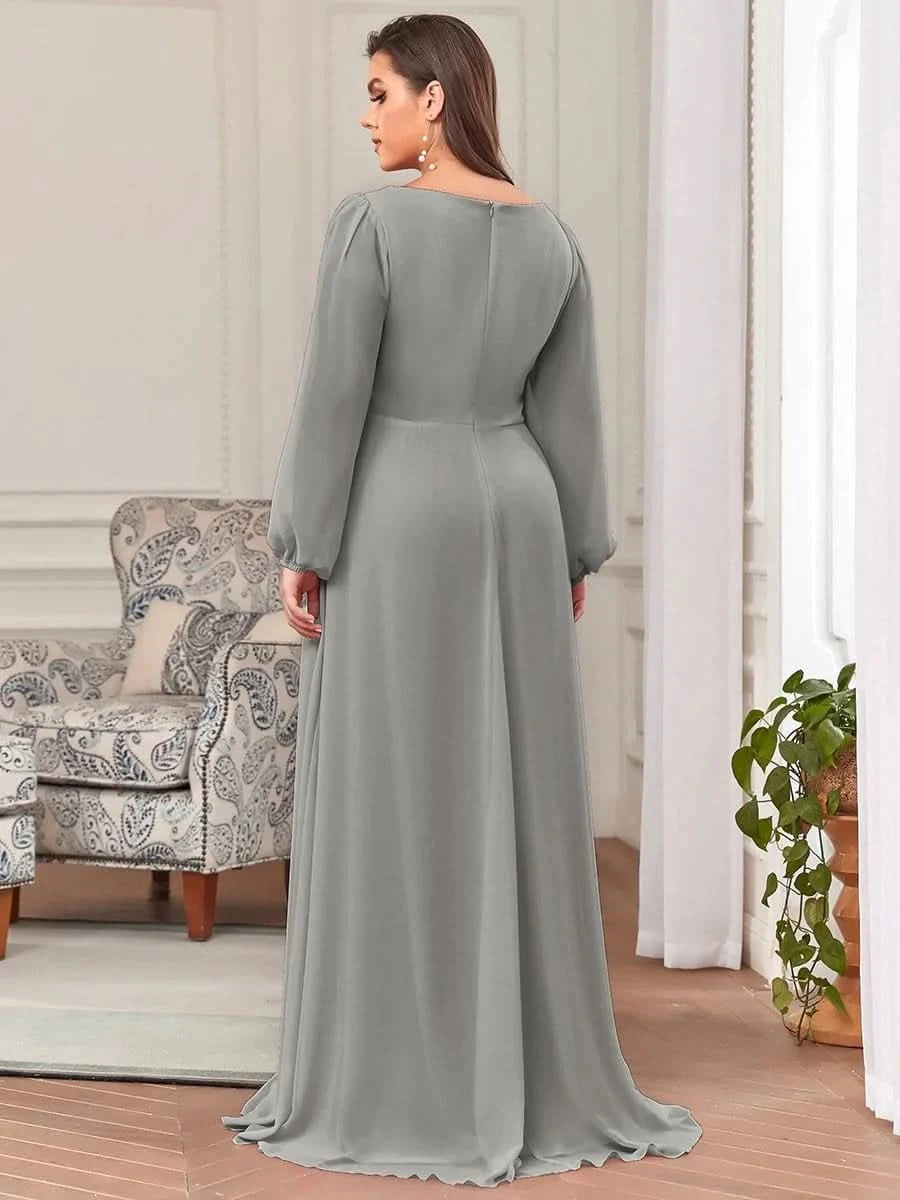 Größe Nach Maß Elegantes tiefes V-Laterne langes Schlitzärmel-Applikations-Maxi-Abendkleid 00461