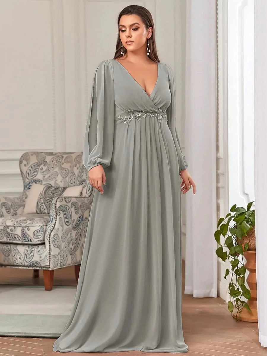 Größe Nach Maß Elegantes tiefes V-Laterne langes Schlitzärmel-Applikations-Maxi-Abendkleid 00461