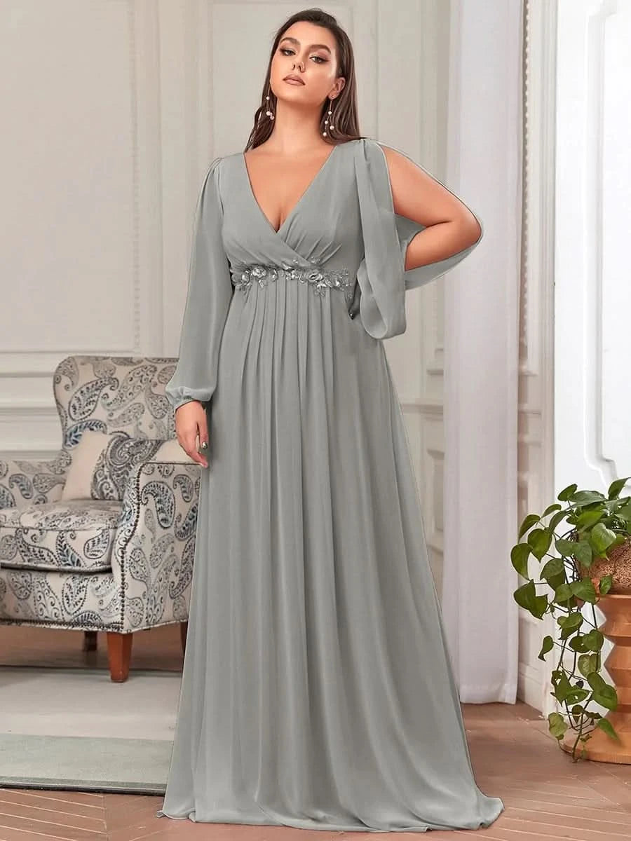 Größe Nach Maß Elegantes tiefes V-Laterne langes Schlitzärmel-Applikations-Maxi-Abendkleid 00461