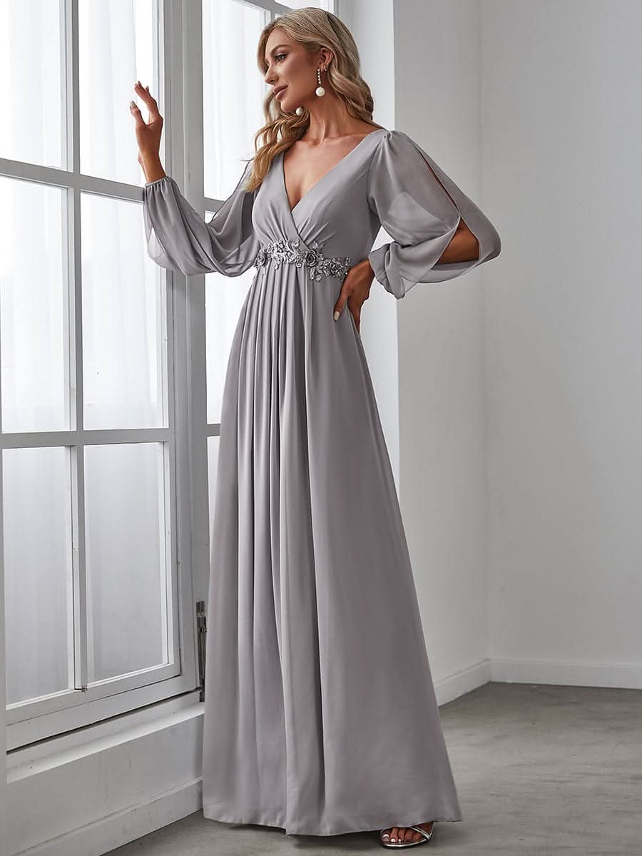 Elegantes tiefes V-Laterne langes SchlitzÄrmel-Applikations-Maxi-Abendkleid #Farbe_Grau