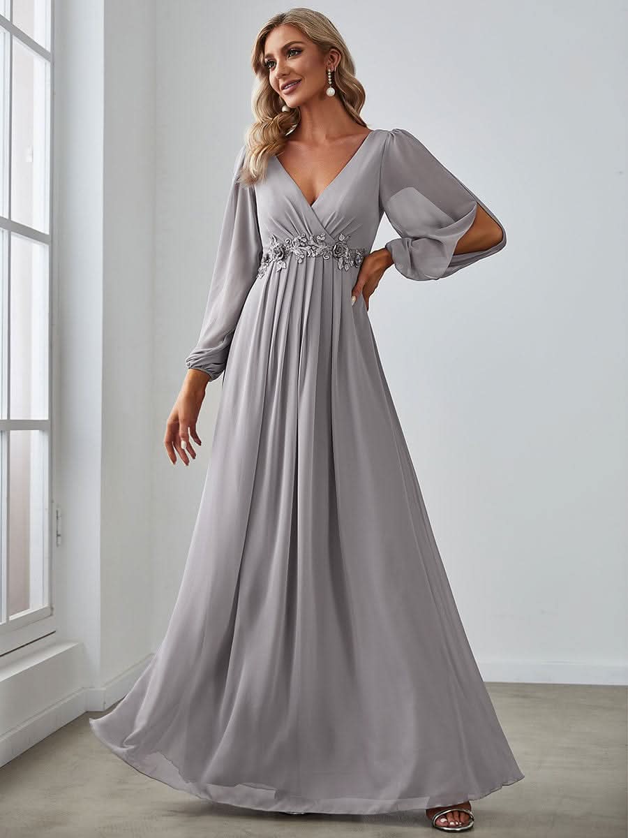 Elegantes tiefes V-Laterne langes SchlitzÄrmel-Applikations-Maxi-Abendkleid #Farbe_Grau