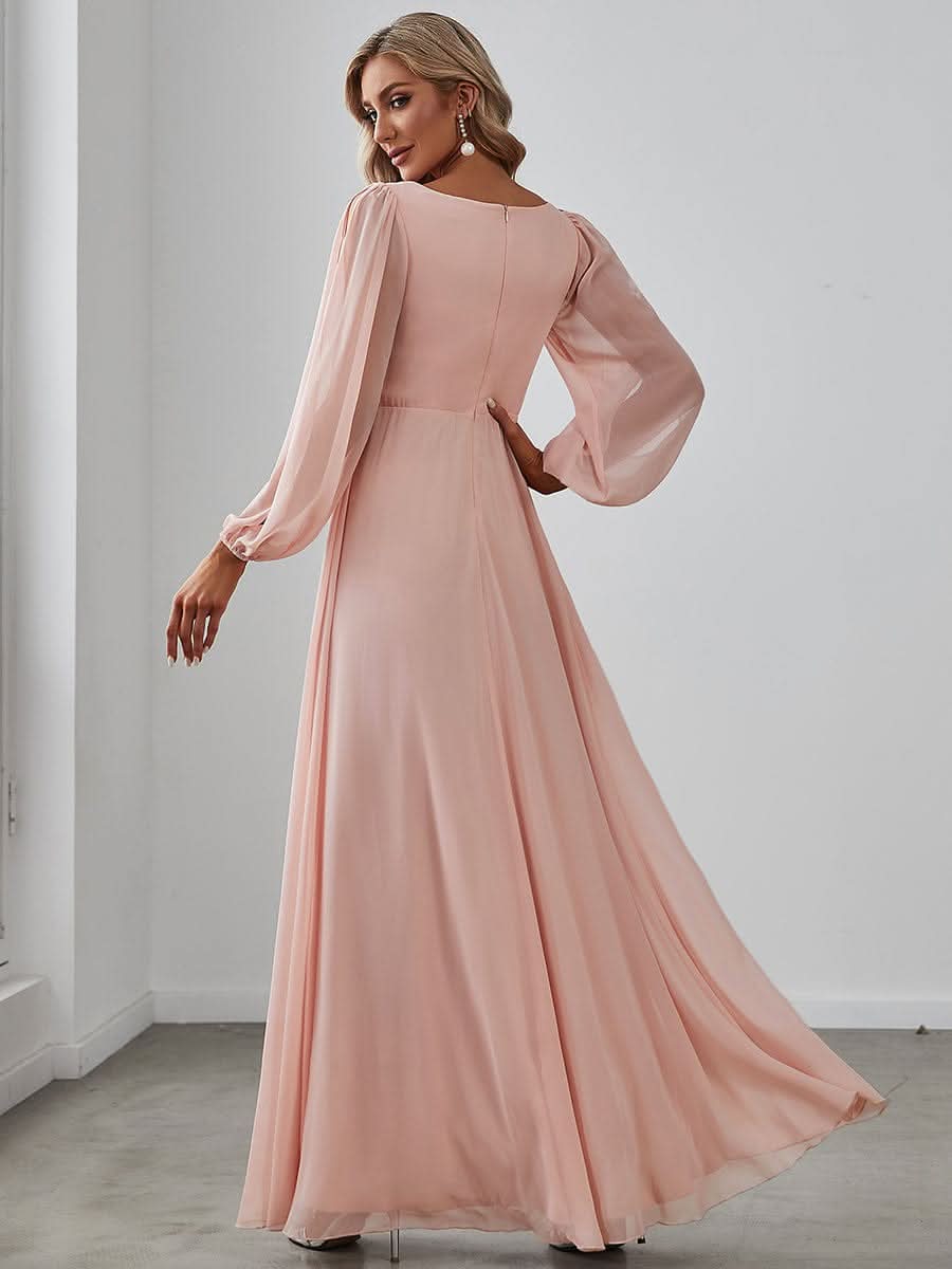 Elegantes tiefes V-Laterne langes SchlitzÄrmel-Applikations-Maxi-Abendkleid #Farbe_Rosa