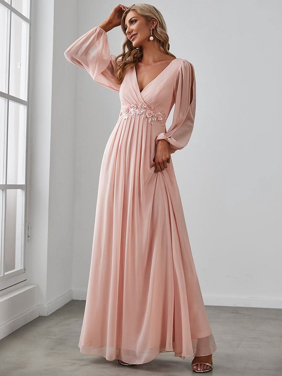 Elegantes tiefes V-Laterne langes SchlitzÄrmel-Applikations-Maxi-Abendkleid #Farbe_Rosa