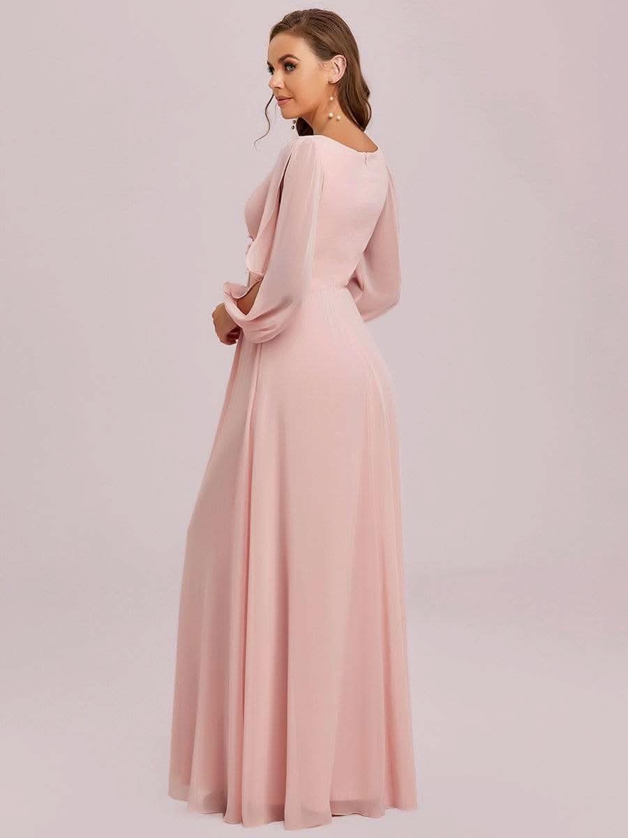 Elegantes tiefes V-Laterne langes SchlitzÄrmel-Applikations-Maxi-Abendkleid #Farbe_Rosa