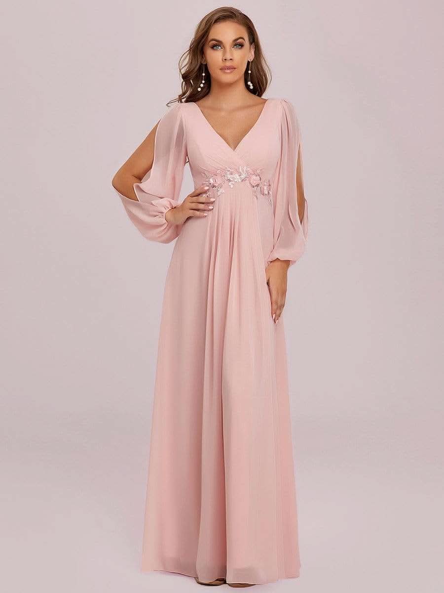 Elegantes tiefes V-Laterne langes SchlitzÄrmel-Applikations-Maxi-Abendkleid #Farbe_Rosa