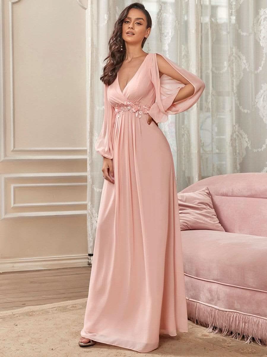Elegantes tiefes V-Laterne langes SchlitzÄrmel-Applikations-Maxi-Abendkleid #Farbe_Rosa