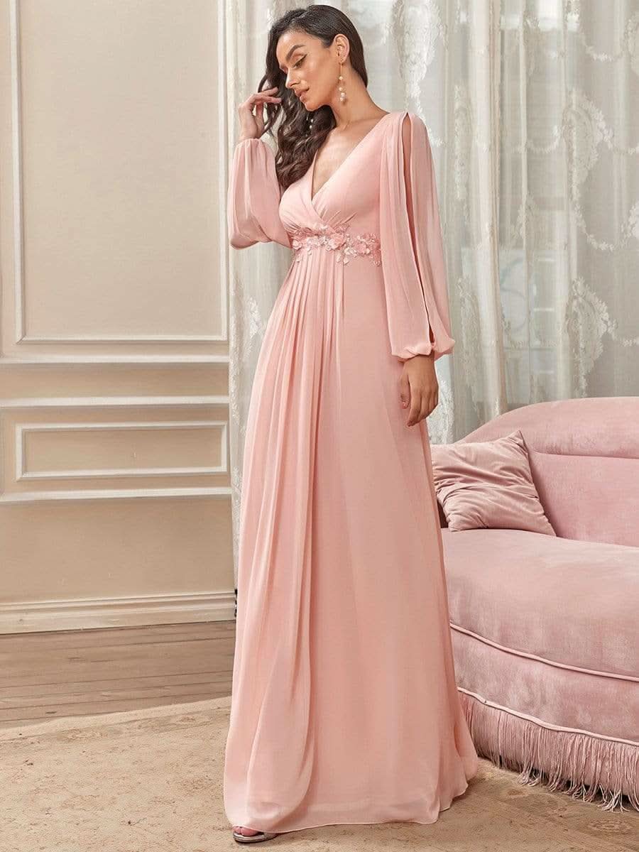Elegantes tiefes V-Laterne langes SchlitzÄrmel-Applikations-Maxi-Abendkleid #Farbe_Rosa