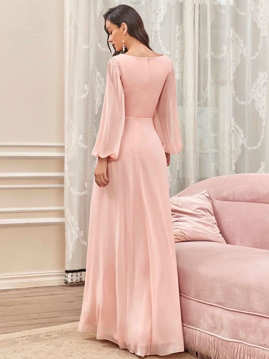 Elegantes tiefes V-Laterne langes SchlitzÄrmel-Applikations-Maxi-Abendkleid #Farbe_Rosa