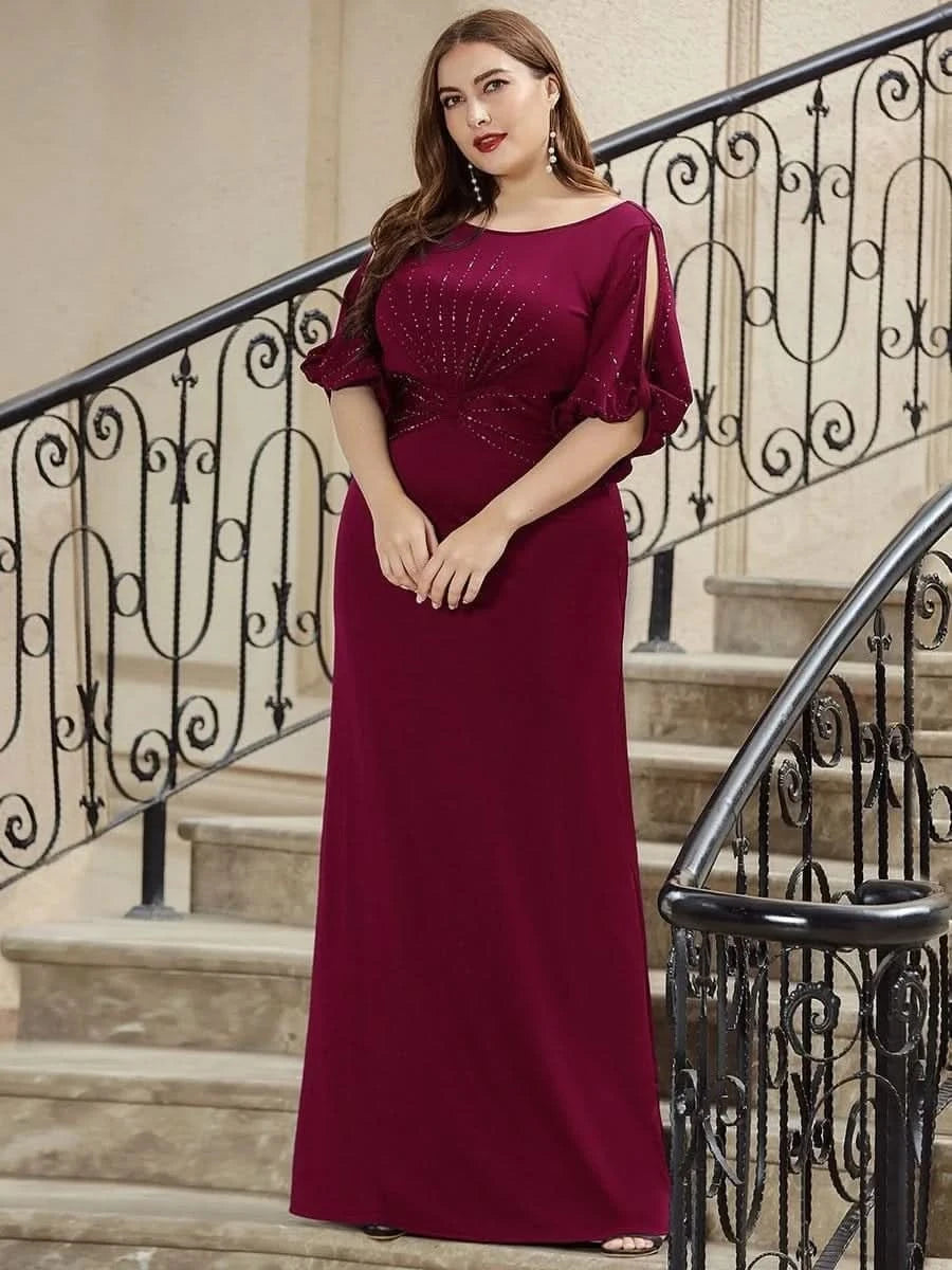 Color=Burgundy | Plus Size Trendy Bodenlanges Abendkleid Mit Rundem Hals Für Frauen 00544-Burgundy 8