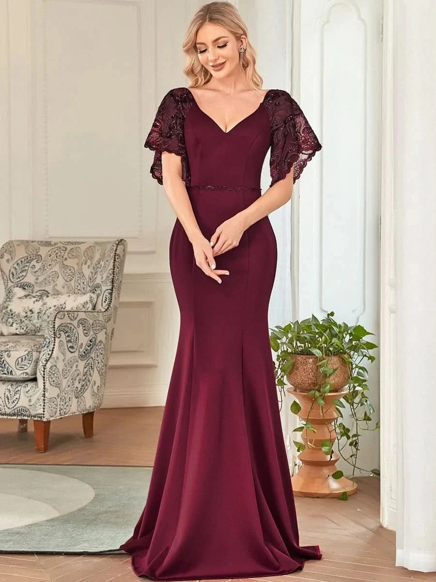Color=Burgundy | Bodenlanges Ballkleider Mit V-Ausschnitt 00550-Burgundy 1