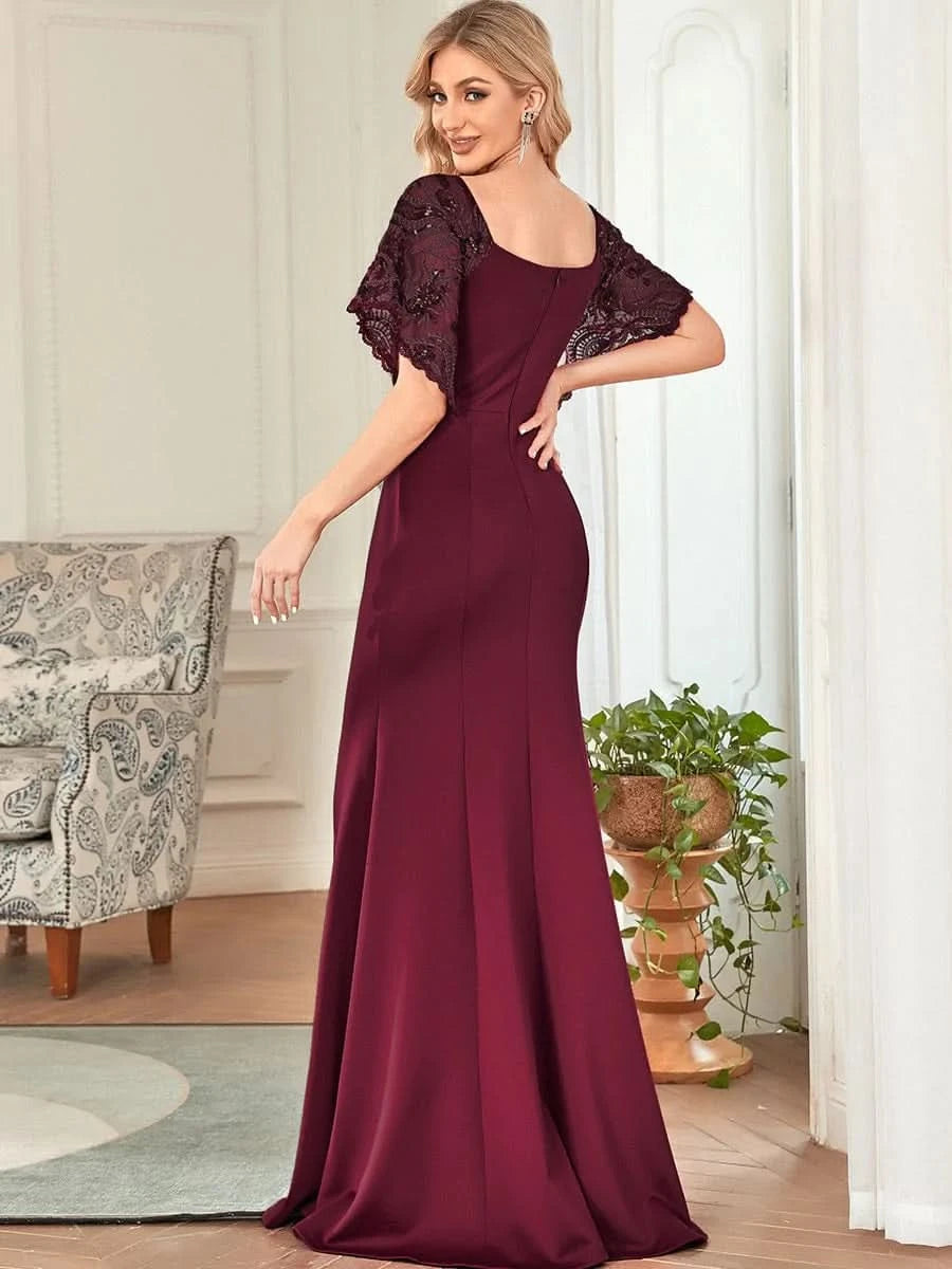 Color=Burgundy | Bodenlanges Ballkleider Mit V-Ausschnitt 00550-Burgundy 2