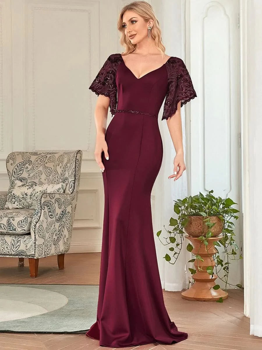 Color=Burgundy | Bodenlanges Ballkleider Mit V-Ausschnitt 00550-Burgundy 3