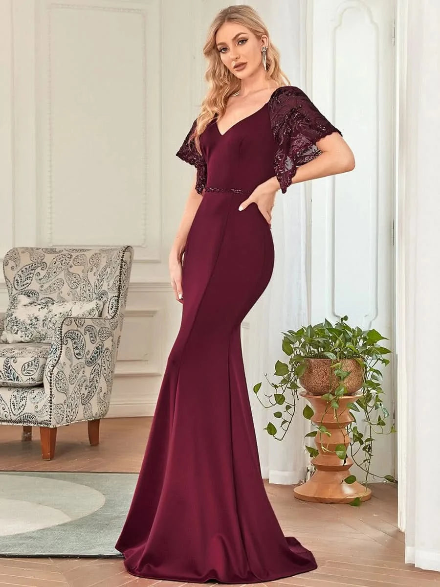Color=Burgundy | Bodenlanges Ballkleider Mit V-Ausschnitt 00550-Burgundy 4