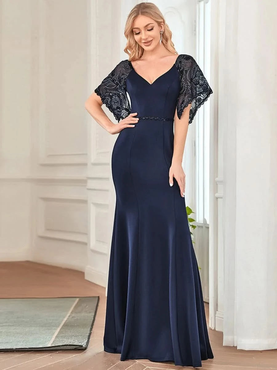 Color=Navy Blau | Bodenlanges Ballkleider Mit V-Ausschnitt 00550-Navy Blau 1